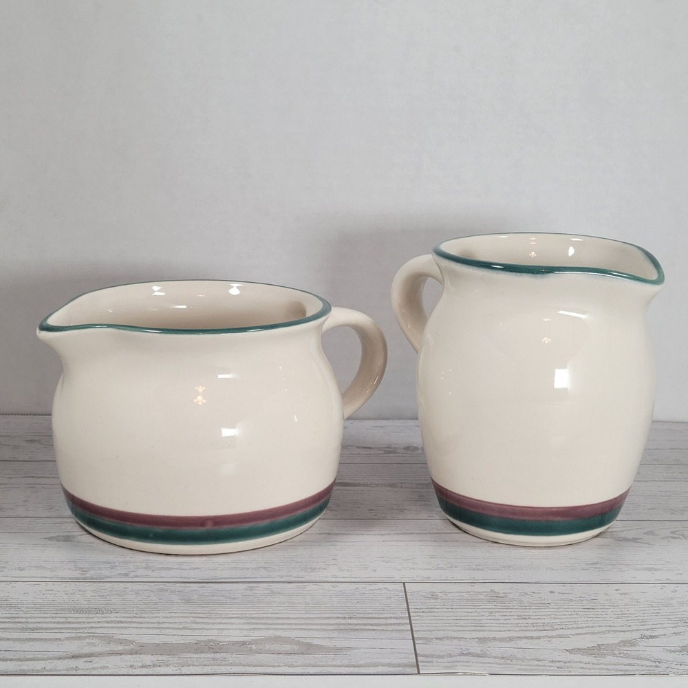 Pfaltzgraff Juniper Creamer Pitcher Set of 2 Teal Burgundy Stripe Vintage 1990s